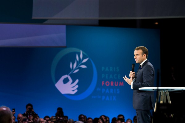 French President Emmanuel Macron delivers a speech at the opening session of the Paris Peace Forum at the Villette Conference Hall in Paris, France, Nov. 11, 2018 (SIPA photo by Eliot Blondet via AP Images).