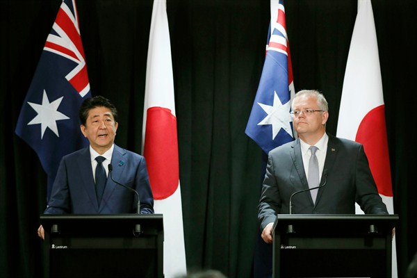 Japanese Prime Minister Shinzo Abe, left, and Australian Prime Minister Scott Morrison at a joint press conference, Darwin, Australia, Nov. 16, 2018 (Kyodo photo via AP Images).