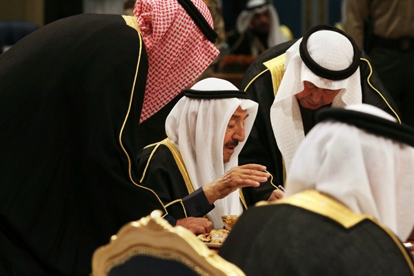 Kuwait’s emir, Sheikh Sabah Al Ahmad Al Sabah, center, oversees the Gulf Cooperation Council summit in Kuwait City, Dec. 5, 2017 (AP photo by Jon Gambrell).