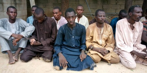 A group of men identified by Nigerian police as Boko Haram extremist fighters and leaders are presented to the media, Maiduguri, Nigeria, July 18, 2018 (AP photo by Jossy Ola).
