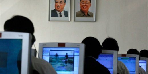 North Korean students use computers in a classroom with portraits of the country’s later leaders Kim Il Sung, left, and his son Kim Jong Il hanging on the wall, Pyongyang, North Korea, Sept. 20, 2012 (AP photo by Vincent Yu).
