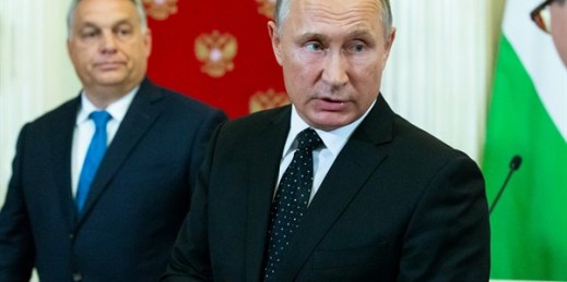Russian President Vladimir Putin, right, at a press conference with Hungarian Prime Minister Viktor Orban after their talks in the Kremlin, Moscow, Russia, Sept. 18, 2018 (AP photo by Alexander Zemlianichenko).