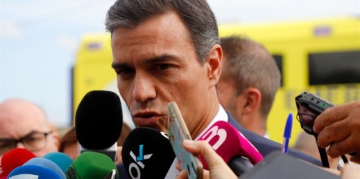 Spanish Prime Minister Pedro Sanchez gives a press conference after a conversation with people affected by flooding, Sant Llorenc des Cardassar, Spain, Oct. 10, 2018 (Photo by Clara Margais for DPA via AP Images).