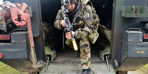 A member of the 53rd Infantry Group undergoes mission readiness training in Ireland in preparation for the unit’s deployment to the United Nations Interim Force in Lebanon, April 19, 2016 (Sipa USA photo by Artur Widak via AP Images).