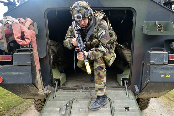 A member of the 53rd Infantry Group undergoes mission readiness training in Ireland in preparation for the unit’s deployment to the United Nations Interim Force in Lebanon, April 19, 2016 (Sipa USA photo by Artur Widak via AP Images).