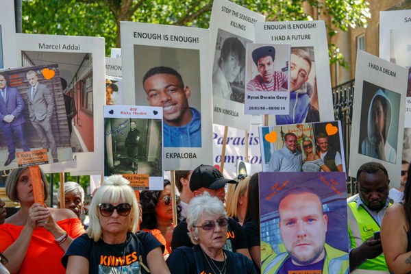 A rally organized near Downing Street to call for more action to curb knife crimes, London, June 3, 2018 (Photo by Alex Cavendish for SIPA via AP Images).