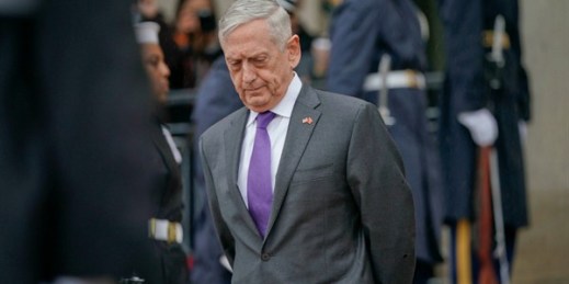 U.S. Defense Secretary Jim Mattis waits for Chinese Minister of Defense Gen. Wei Fenghe before an arrival ceremony at the Pentagon, Nov. 9, 2018 (AP photo by Pablo Martinez Monsivais).