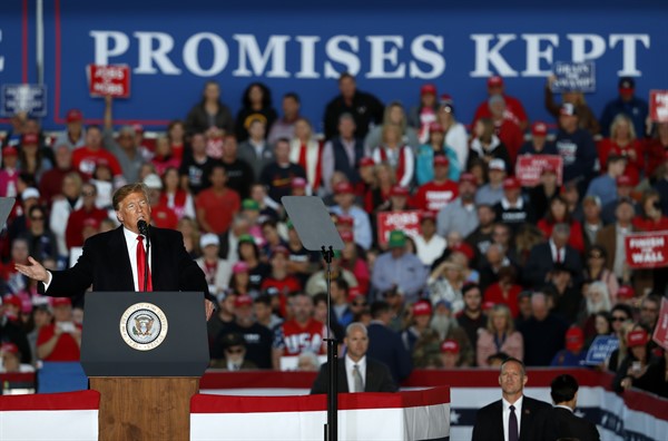 President Donald Trump speaks during a rally at Southern Illinois Airport, Oct. 27, 2018, Murphysboro, Illinois (AP photo by Jeff Roberson).