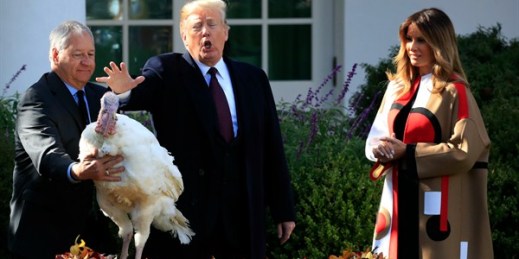 President Donald Trump with first lady Melania Trump, gives “Peas,” one of the National Thanksgiving Turkeys, an absolute pardon during a ceremony in the Rose Garden of the White House, in Washington, Nov. 20, 2018 (AP photo by Manuel Balce Ceneta).