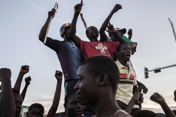 Protesters speak out against the coup attempt in Ouagadougou, Burkina Faso, Sept. 21, 2015 (AP photo by Theo Renaut).