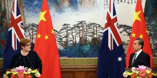 Australian Foreign Minister Marise Payne, left, and Chinese Foreign Minister Wang Yi during a joint press conference at the Diaoyutai State Guesthouse in Beijing, Nov. 8, 2018 (AP photo by Mark Schiefelbein).