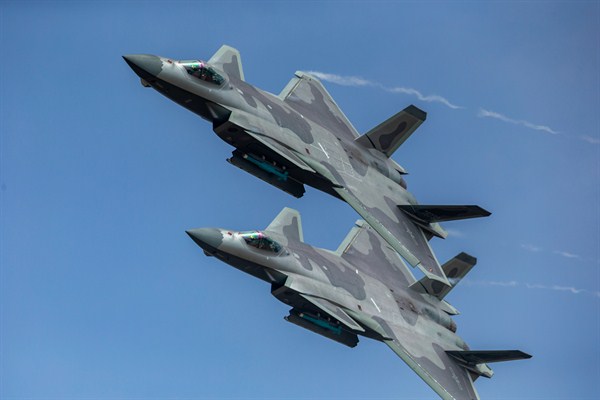 J-20 stealth fighter jets of the Chinese People’s Liberation Army Air Force perform during the 12th China International Aviation and Aerospace Exhibition in Zhuhai, Guangdong province, China, Nov. 11, 2018 (Imaginechina photo via AP Images).