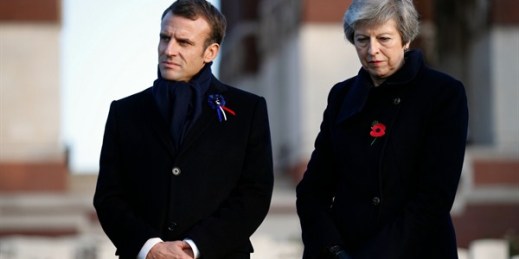 French President Emmanuel Macron, left, and British Prime Minister Theresa May at the Thiepval Memorial in northern France, Nov. 9, 2018 (AP photo by Francois Mori).