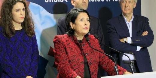 Salome Zurabishvili, Georgia’s president-elect, during a news briefing regarding the results of the presidential election at her campaign headquarters in Tbilisi, Georgia, Nov. 28, 2018 (AP photo by Shakh Aivazov).
