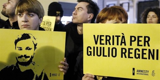 A demonstration in memory of the Italian researcher Giulio Regeni, who was abducted, tortured and murdered in Cairo, in Rome, Jan. 25, 2018 (Photo by Riccardo Antimianu for ANSA via AP Images).
