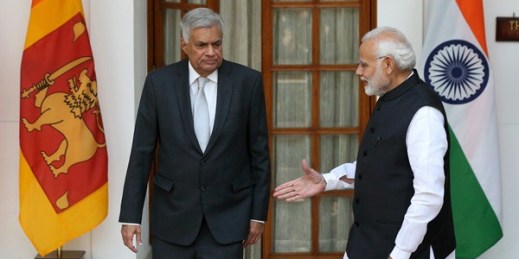 Indian Prime Minister Narendra Modi, right, with his Sri Lankan counterpart Ranil Wickremesinghe, at a meeting in New Delhi before Wickremesinghe was ousted from his post, Oct. 20, 2018 (AP photo).