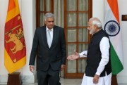 Indian Prime Minister Narendra Modi, right, with his Sri Lankan counterpart Ranil Wickremesinghe, at a meeting in New Delhi before Wickremesinghe was ousted from his post, Oct. 20, 2018 (AP photo).