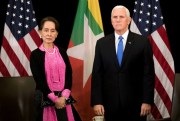 U.S. Vice President Mike Pence, right, with Myanmar’s leader, Aung San Suu Kyi, in Singapore, Nov. 14, 2018 (AP photo by Bernat Armangue).