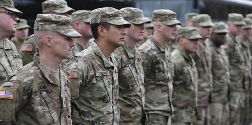 Georgia National Guard troops with the 108th Cavalry Regiment at a send-off ceremony before deploying to Afghanistan, Dalton, Ga., Nov. 26, 2018 (Photo by Curtis Compton for The Atlanta Journal-Constitution via AP Images).