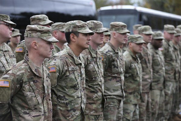 Georgia National Guard troops with the 108th Cavalry Regiment at a send-off ceremony before deploying to Afghanistan, Dalton, Ga., Nov. 26, 2018 (Photo by Curtis Compton for The Atlanta Journal-Constitution via AP Images).