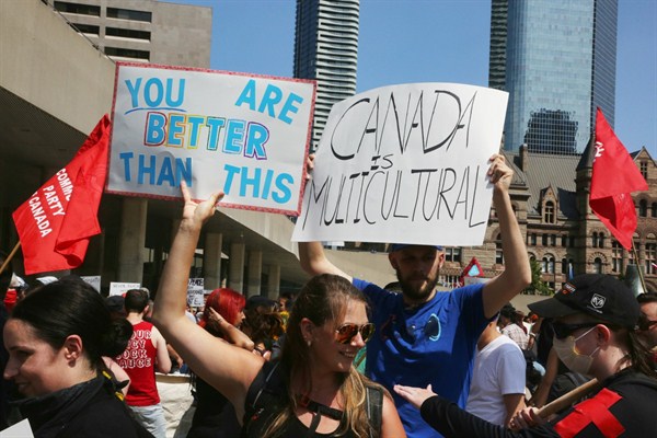A protest against white supremacist groups in Toronto, Aug. 11, 2018 (Sipa photo via AP Images).