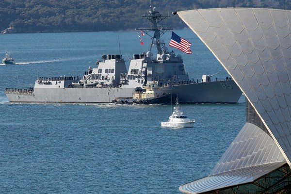 The U.S. guided-missile destroyer USS McCampbell sails past the Opera House in Sydney, Australia, July 4, 2011 (AP photo by Rob Griffith).