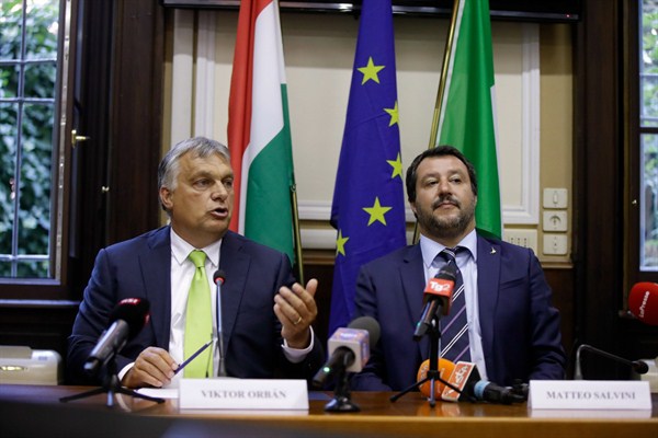 Italian Deputy Prime Minister Matteo Salvini, right, and Hungarian Prime Minister Viktor Orban during a news conference following a meeting in Milan, Italy, Aug. 28, 2018 (AP photo by Luca Bruno).
