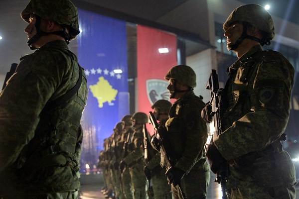 Soldiers belonging to the Kosovo Security Force display equipment at the end of a ceremony marking the formation of an army, Pristina, Kosovo, Dec. 14, 2018 (AP photo by Visar Kryeziu).