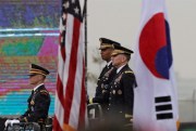 Gen. Robert Abrams, the top U.S. commander in Korea, right, and outgoing commander Gen. Vincent Brooks, second from right, during a change-of-command ceremony at Camp Humphreys in Pyeongtaek, South Korea, Nov. 8, 2018 (AP photo by Lee Jin-man).