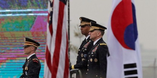 Gen. Robert Abrams, the top U.S. commander in Korea, right, and outgoing commander Gen. Vincent Brooks, second from right, during a change-of-command ceremony at Camp Humphreys in Pyeongtaek, South Korea, Nov. 8, 2018 (AP photo by Lee Jin-man).