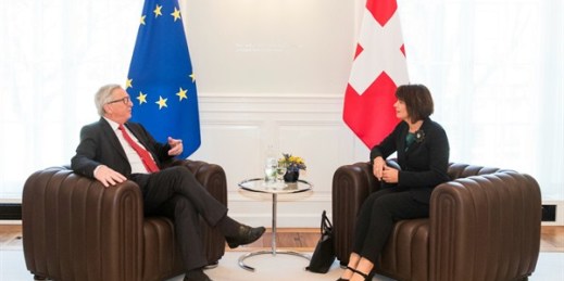 Then-Federal President of Switzerland Doris Leuthard, right, talks with European Commission President Jean-Claude Juncker in Bern, Switzerland, Nov. 23, 2017 (AP photo by Peter Klaunzer).