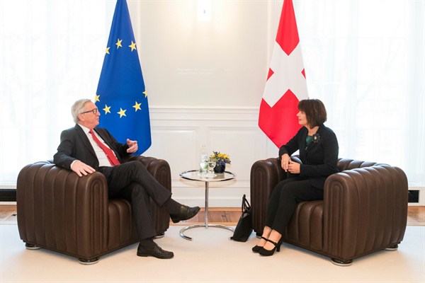 Then-Federal President of Switzerland Doris Leuthard, right, talks with European Commission President Jean-Claude Juncker in Bern, Switzerland, Nov. 23, 2017 (AP photo by Peter Klaunzer).