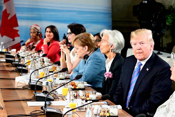 U.S. President Donald Trump attends the G-7 Gender Equality Advisory Council breakfast, Charlevoix, Quebec, Canada, June 9, 2018 (Yomiuri Shimbun photo via AP Images).