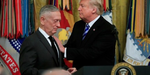 U.S. President Donald Trump and James Mattis, then the secretary of defense, during a reception in the East Room at the White House, Washington, Oct. 25, 2018 (AP photo by Manuel Balce Ceneta).