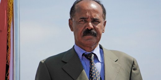 Eritrean President Isaias Afwerki stands during a military parade after being welcomed by Somali President Mohamed Abdullahi Mohamed upon his arrival at the airport in Mogadishu, Somalia, Dec. 13, 2018 (AP photo by Farah Abdi Warsameh).