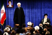 Iranian President Hassan Rouhani speaks as Iranian Supreme Leader Ayatollah Ali Khamenei listens during a meeting with members of the Iranian government, Tehran, May 23, 2018 (Sipa photo via AP).