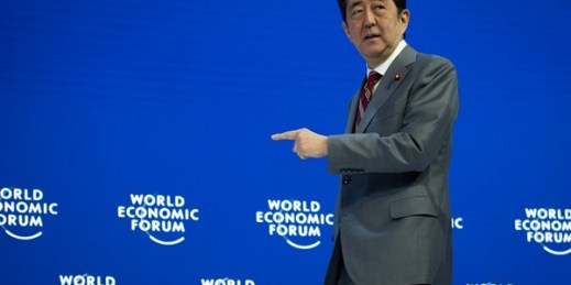 Japanese Prime Minister Shinzo Abe arrives for a plenary session at the annual meeting of the World Economic Forum, Davos, Switzerland, Jan. 23, 2019 (AP photo by Gian Ehrenzeller).