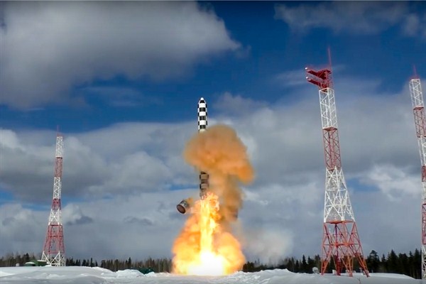 Russia’s Sarmat intercontinental ballistic missile blasts off during a test launch from the Plesetsk launch pad in northwestern Russia, March 30, 2018 (Russian government photo via AP Images).