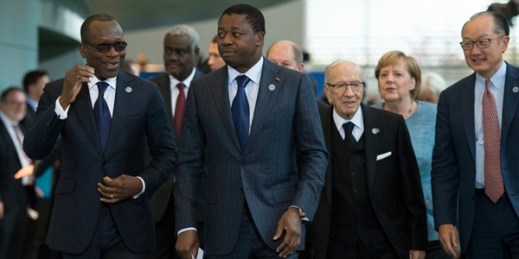 Togo President Faure Gnassingbe, center, with other heads of state and government at the Federal Chancellery in Berlin for the “Compact with Africa” conference, Oct. 30, 2018 (Photo by Annegret Hilse for dpa via AP Images).