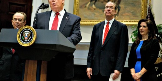 President Donald Trump announcing the nomination of David Malpass, undersecretary of the Treasury for international affairs, to head the World Bank, in the Rosevelt Room of the White House, Washington, Feb. 6, 2019 (AP photo by Evan Vucci).