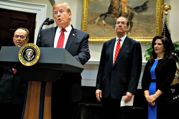 President Donald Trump announcing the nomination of David Malpass, undersecretary of the Treasury for international affairs, to head the World Bank, in the Rosevelt Room of the White House, Washington, Feb. 6, 2019 (AP photo by Evan Vucci).