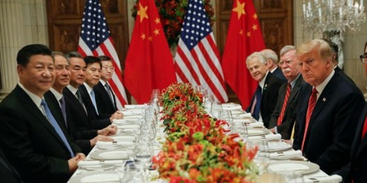 President Donald Trump, right, with Chinese President Xi Jinping, left, during their bilateral meeting at the G-20 Summit in Buenos Aires, Argentina, Dec. 1, 2018 (AP photo by Pablo Martinez Monsivais).