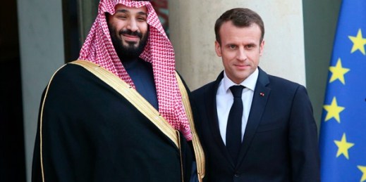 French President Emmanuel Macron receives Saudi Crown Prince Mohammed bin Salman at the Elysee Palace, Paris, France, April 10, 2018 (Sipa USA photo via AP Images).