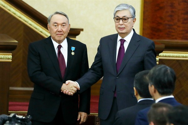 Kazakhstan’s interim president, Kassym-Jomart Tokayev, right, and outgoing president, Nursultan Nazarbayev, after an inauguration ceremony in Astana, Kazakhstan, March 20, 2019 (AP photo).
