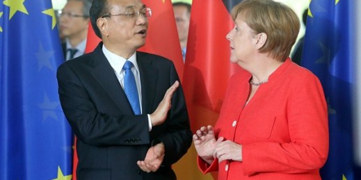 German Chancellor Angela Merkel and Chinese Premier Li Keqiang at the Federal Chancellery in Berlin, Germany, July 9, 2018 (Photo by Wolfgang Kumm for dpa via AP Images).