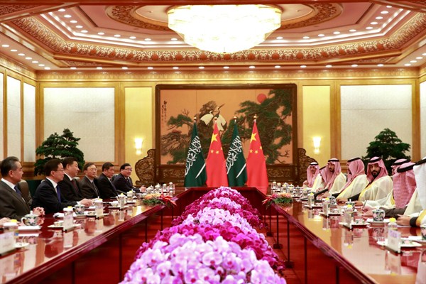 Saudi Crown Prince Mohammad bin Salman, fourth from right, and Chinese President Xi Jinping, third from left, at a meeting at the Great Hall of the People, Beijing, Feb. 22, 2019 (Pool photo by How Hwee Young via AP).