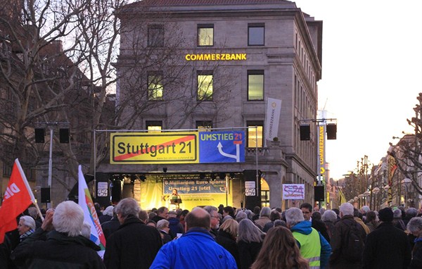 Stuttgart residents gathered in late February for the 454th weekly protest against a plan to overhaul the city’s central train station (Photo by Andrew Green).
