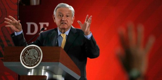 Mexican President Andres Manuel Lopez Obrador takes questions from journalists at his daily press conference at the National Palace, Mexico City, March 8, 2019 (AP photo by Marco Ugarte).