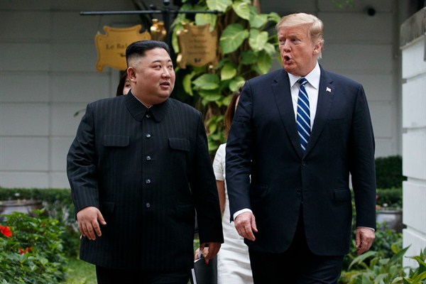 U.S. President Donald Trump and North Korean leader Kim Jong Un after their first meeting at the Sofitel Legend Metropole hotel, Hanoi, Vietnam, Feb. 28, 2019 (AP photo by Evan Vucci).