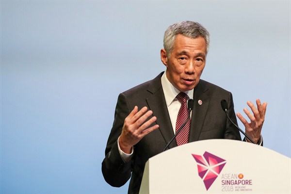 Singaporean Prime Minister Lee Hsien Loong at a press conference following the 33rd ASEAN summit in Singapore, Nov. 15, 2018 (AP photo by Yong Teck Lim).